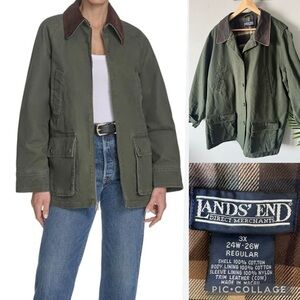 Vintage Lands' End Canvas leather collar Barn Jacket Chore Coat Women green 3X